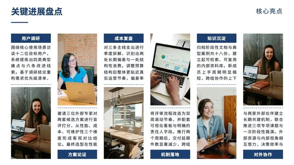 错位图文画廊版式（**图片为核心视觉载体，每项必配一张实拍图**）：n≥2 时 2-6 格竖直卡片水平并置，奇偶格主色标签条顶置/底置形成高低错位节奏；每格含标签、短段解读、用户上传图片；n=1 时切换 side-by-side。

✓ 必备：① outline 含**明确的图片语义**：画廊 / 图文并置 / 实拍展示 / 图集 / 案例图集 / 多图陈列 / 作品集；② 2-6 个并列亮点 / 成果 / 维度，**每项天然有一张可展示的实拍图**；③ 强调"图文并列错位节奏"的视觉表达。

✗ 绝对禁止：① **page_image_count < 2**（本模板 items.minItems=2，少于 2 图必出现"请上传图片"空槽）→ image-highlights (minItems=1) / portrait-hero / banner-cards (无图)；② 纯文字盘点 / 工具列表（无配图语义）→ cards / cards-2 / arrow-list；③ 含「图」字但实际是工具盘点 / 技巧列表（如"AI 画面生成工具"）→ cards 系列；④ 时间顺序 → arrow / chronological；⑤ 对比 → vs-* 系列；⑥ 单主体介绍 → profile-photo / portrait-hero。
