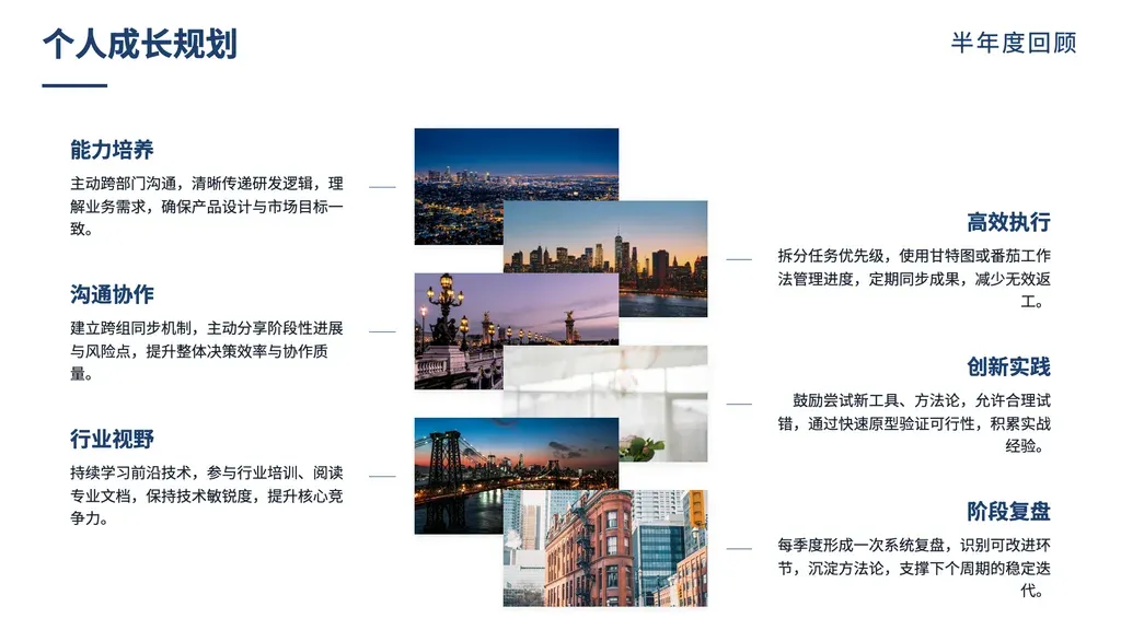 阶梯对角 mosaic 拼图页（**图片为核心载体**，张数弹性 2-6）：N 张照片沿对角线阶梯排列在画布中央，文字标签（短标题 + 段落）在两侧交替（左/右/左/右...）布置，连接线指向各自照片；视觉上形成上下走动的拼贴节奏。

✓ 必备：① outline 含「成长路径 / 工作重点 / 多模块巡礼 / 阶段拼图 / 团队风采 / 团队建设 / 人才培养 / 培训培养 / 阶段成果 / 多元化发展」等并列陈列语义；② 2-6 个并列条目，**每条目天然有 1 张可展示的实拍图**（人物/场景/产品）；③ 每条目可提炼 ≤ 8 字短标题 + 60-80 字解读段落；④ 条目之间逻辑等价、可上下交错排列。

✗ 绝对禁止：① **page_image_count < 2**（本模板 items.minItems=2，少于 2 图必出现"请上传图片"空槽）→ image-highlights (minItems=1) / banner-cards (无图)；② 7+ 张图 → image-grid 或 multi-column-dense；③ 严格时间顺序（必须左→右）→ chronological / arrow；④ 对比 → vs-* 系列；⑤ 数据驱动 → bar-kpi；⑥ 无图语义 → cards / banner-cards。