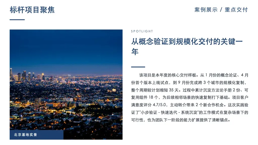 单图聚焦页（1 大图 + 1 段深度阐释）：左半 420×410 大图 + 右半 heading 大标题 + body 长段叙述 + 图底部 caption 角标。

✓ 必备：① outline 是「单一对象的深度介绍」（标杆项目 / 旗舰案例 / 重点产品 / 关键场景）；② 有 1 张可展示的实拍 / 截图 / 示意图（图为焦点主角）；③ 可展开 100-280 字深度阐释。

✗ 不适合：① 多图集 → image-mosaic / gallery / image-grid；② 1-2 图 + 多维度文字盘点 → single-image-narrative；③ 多卡每卡含图（3-4 卡）→ image-highlights / cards-with-image；④ 双图对照 → image-duo；⑤ 人物特化（头像 + 经历）→ profile-photo / portrait-hero；⑥ 无图纯文字 → single-point / prose-passage。