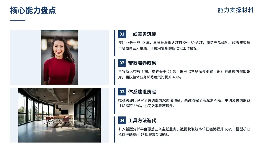 图文并列叙述页（侧栏 1-2 张图作"整体辅证 / 装饰背景" + 右侧 3-5 维度文字盘点）：图与文字维度**非一一对应**（图是氛围 / 整体背景 / 概览示意），文字独立成段。

✓ 必备：① 内容是「叙述主导 + 图作辅证 / 装饰」（履历 / 技术阐述 / 工作规划 / 业绩盘点 / 组织架构 / 项目背景概述 / 总体原则 / 设计理念 / 制度规章 / 产品介绍 / 行业洞察）；② 有 1-2 张图，类型不限（实拍 / 截图 / 架构图 / 航拍 / logo / 抽象示意图均可）；③ 图**不与**每个文字维度一一对应（图是整体氛围或单张概览，不是每条目的配图）；④ 3-5 个同层级并列文字维度（label + 50-120 字 desc），维度间逻辑等价。

✗ 不适合：① **每个文字条目都有专属配图（一一对应）→ image-highlights**；② ≥3 张图条目化展示 → image-banner-strip / credentials-stagger；③ 纯图集无文字解读 → image-grid / gallery / image-mosaic；④ 单主体大照片 + 一段铺述 → profile-photo；⑤ 单主体 + 金句 → portrait-hero；⑥ 完全无图 → cards / icon-cards / dense-columns；⑦ KPI 数字主导 → bar-kpi / mega-number；⑧ ≥ 6 个并列维度 → icon-cards / table-cards。