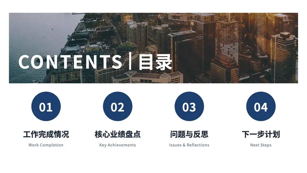 图片主视觉目录页。上半画布大图（可换）+ 中英双语大字视觉锤，下半画布横排 3-5 个圆形编号徽章 + 章节中英双语标题。适合 3-5 章节并列演示的开篇索引——研究框架、教学单元、产品板块、阶段拆分等；不适合 6+ 章节或带描述/层级的目录。