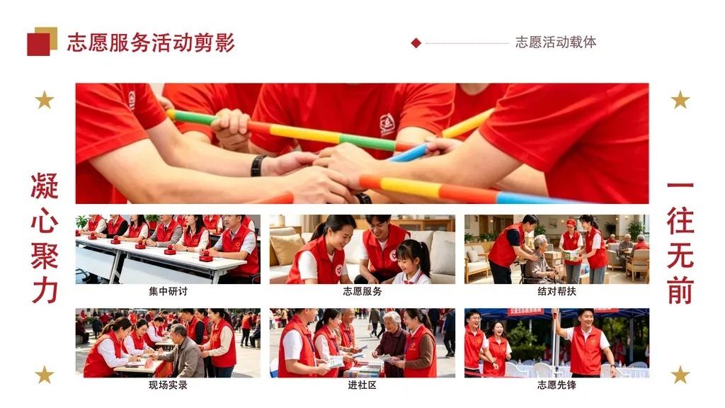 图墙合影页（图片为核心视觉载体）：左右两侧竖排书法标语 + 中央一张主图 + 下方一排小图墙，主图突出核心场景、小图墙铺陈活动剪影，每张小图可配一句简短说明。适合用大量实拍照片集中呈现一次党建活动的现场氛围。✓ 必备：① 内容是同一主题的多张活动实拍照片（如主题党日、志愿服务、红色教育现场），图是主角不是配饰；② 有一张可作为视觉焦点的主图 + 多张氛围小图；③ 每张小图说明极短（一行内）；④ 小图 4-8 张铺满图墙。✗ 不适合：① 以文字论述/数据为主、图只是点缀 → 走纯文字卡片或数据图表模板；② 每张图都要配大段解读 → 走图文画廊卡片（gallery-cards）；③ 只有一两张图想突出单图 → 走团队合影/单图主导模板；④ 无任何配图素材的纯论点页 → 走 highlights / narrative 类模板。
