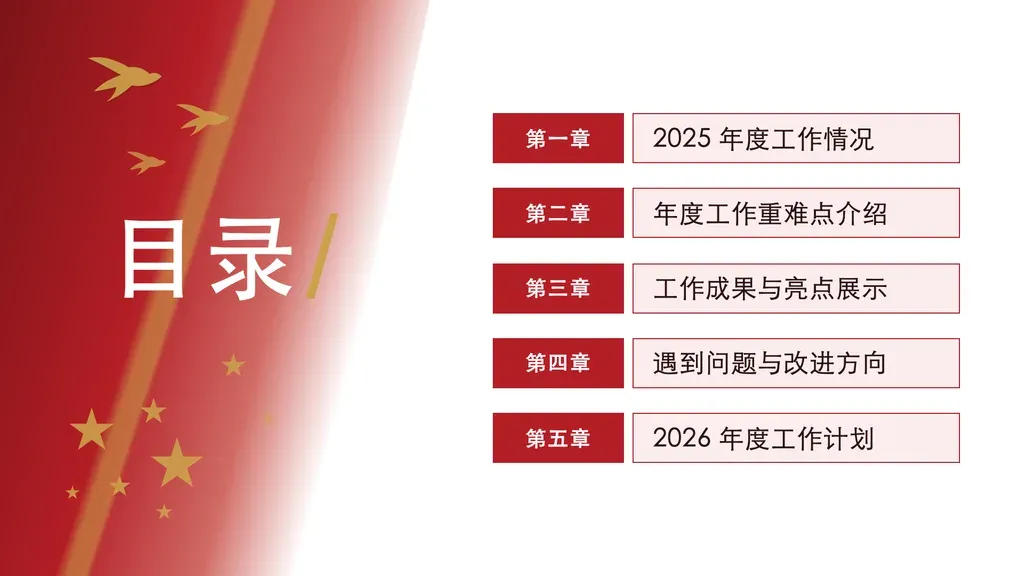 整本 PPT 的目录页（竖排列表式）：左侧"目录"红金大字标识，右侧 4-6 行竖排条目，每行含"第N章"序号牌 + 章节标题，配党建红金缎带背景。章节数应匹配 outline 的 chapter 数量，行越多每行越紧凑。

✓ 必备：① 内容是整本演示的章节导航（4-6 个并列章节名）；② 每个章节是名词短语标题（如"年度回顾 / 重点工作"），不是正文或要点；③ 序号"第N章"由模板自动派生，不由内容提供；④ 适合需要庄重权威红金氛围的党建 / 政务 / 汇报场景。

✗ 不适合：① 单页内容的小标题分点（→ content 系列）；② 需要每条配描述段落的目录（→ banner-with-cards 卡片式 toc）；③ 横排卡片网格目录（→ party-building-toc-cards）。