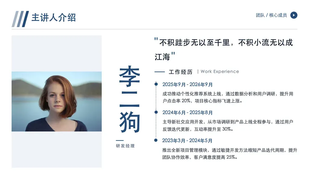 人物自我介绍大字页：左侧大头照 + 中央大字姓名（hero） + 右侧 hero tagline 金句 + 1-3 条工作经历。

✓ 必备：① 大纲明确指向单一人物（姓名 + 职位）；② 有"金句/座右铭/主张"性质的 tagline 文本；③ 头像 URL 可获取（图片或卡通）；④ 姓名 ≤ 4 字（中文）才能作 hero 大字。

✗ 不适合：① 多人物并列介绍 → team（团队介绍）；② 结构化简历需展示工作经历/成就/岗位职责多 section → portrait-intro 信息卡版；③ 大纲只有头衔没有金句 → portrait-intro；④ 5+ 字姓名 / 英文长名 → 视觉无法支撑 hero 大字。